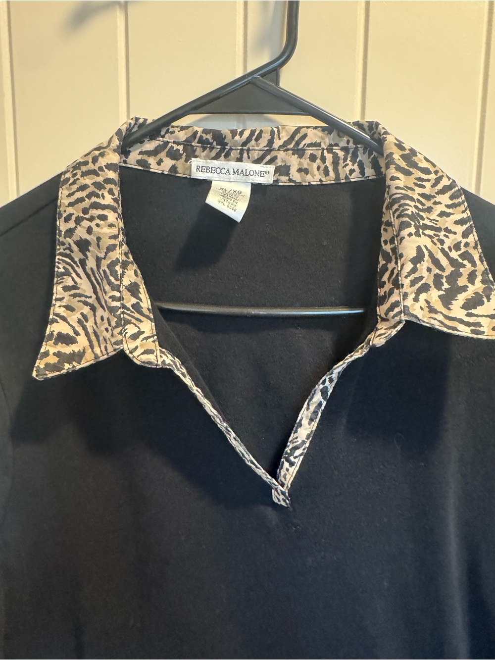 Rebecca Malone Black Polo with Leopard-Print Collar